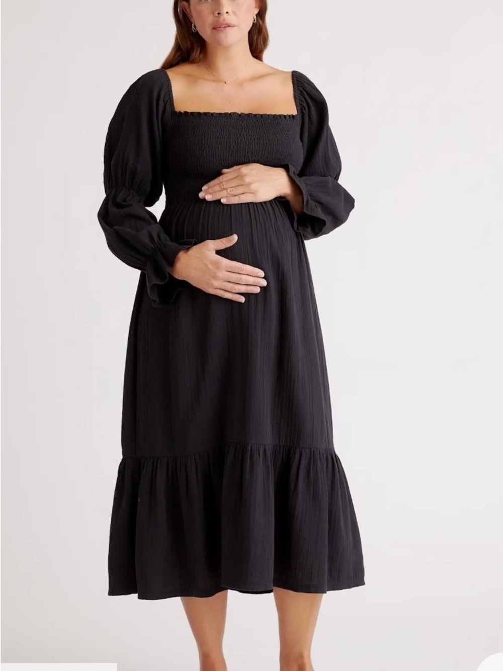 Quince Black Midi Dress with Puff Sleeves